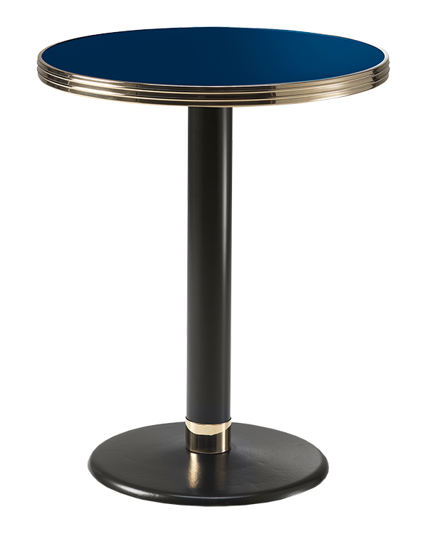 Table de bistrot rond avec plateau en émail bleu