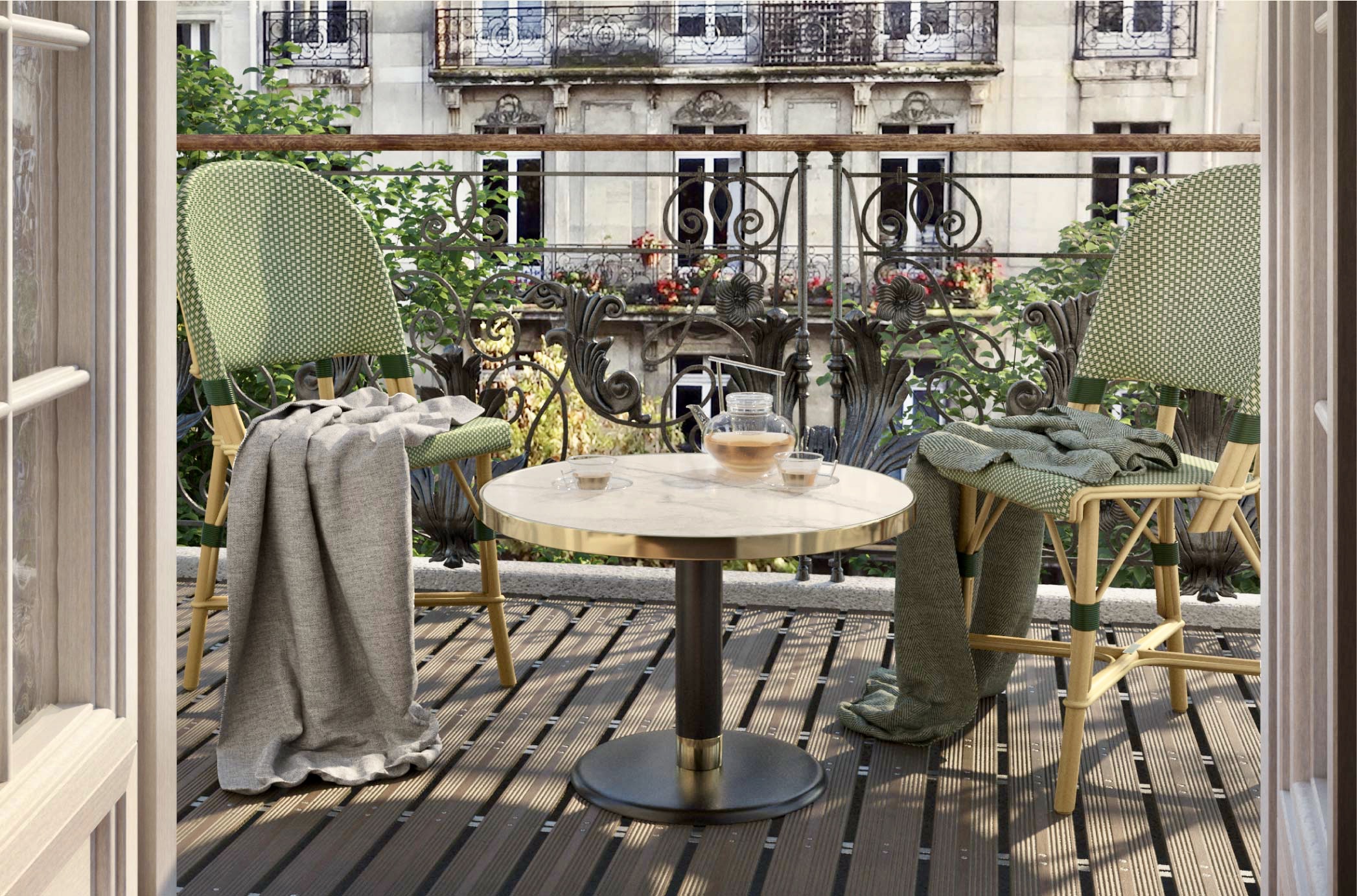 Ambiance terrasse table basse céramique blanche ø70 cm