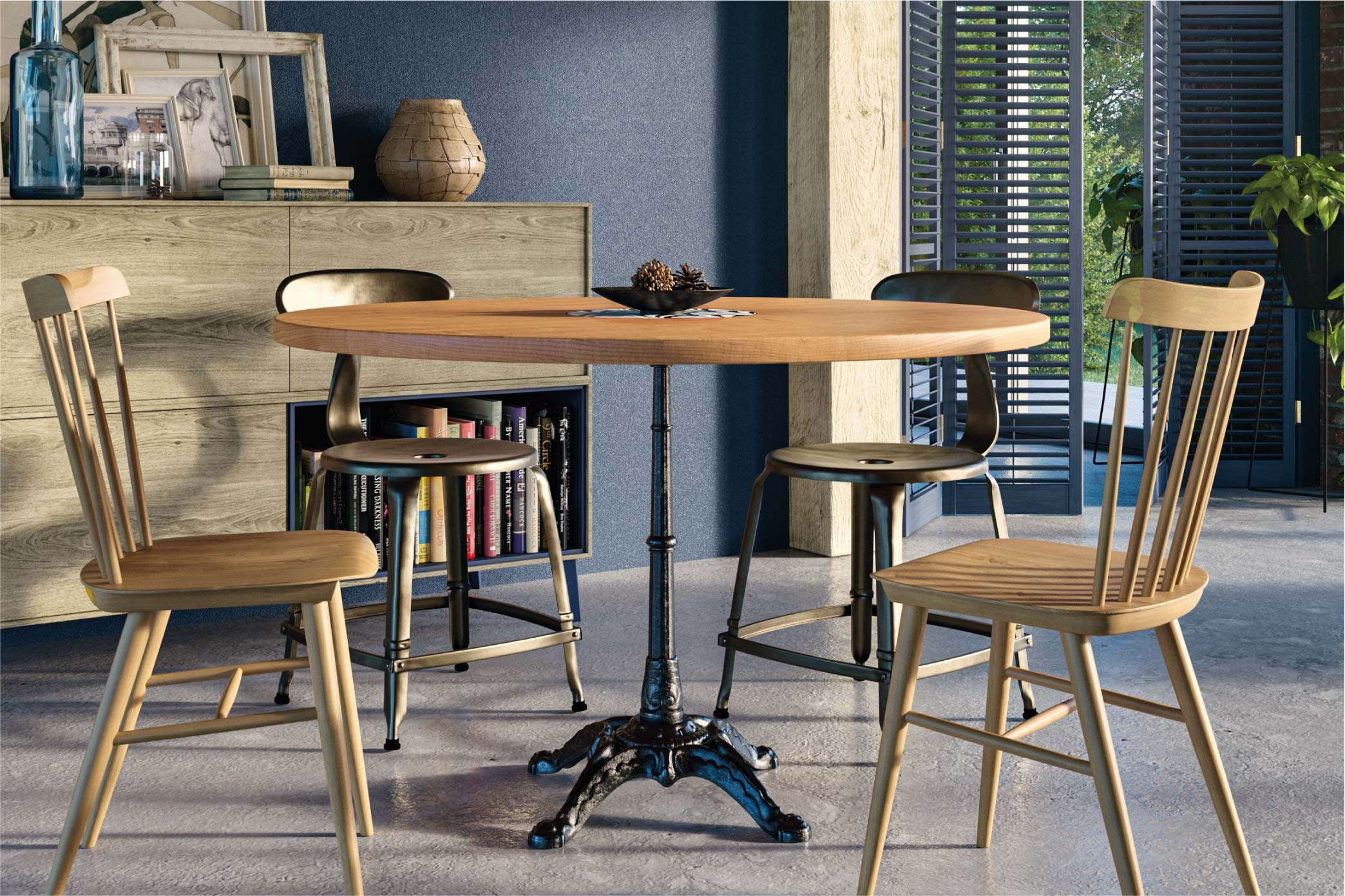 Ambiance salon avec table de bistrot en chêne ø 120 cm