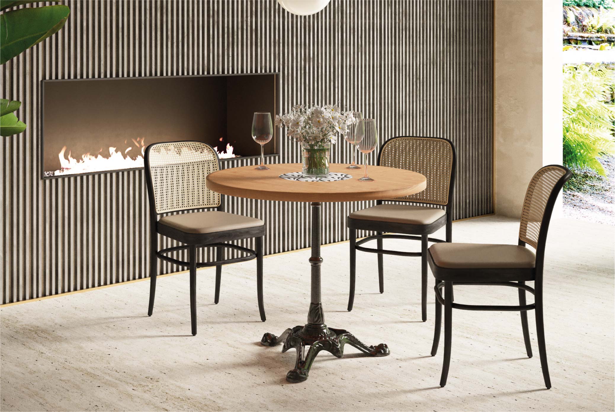 Ambiance salon avec table de bistrot en chêne ø 90 cm
