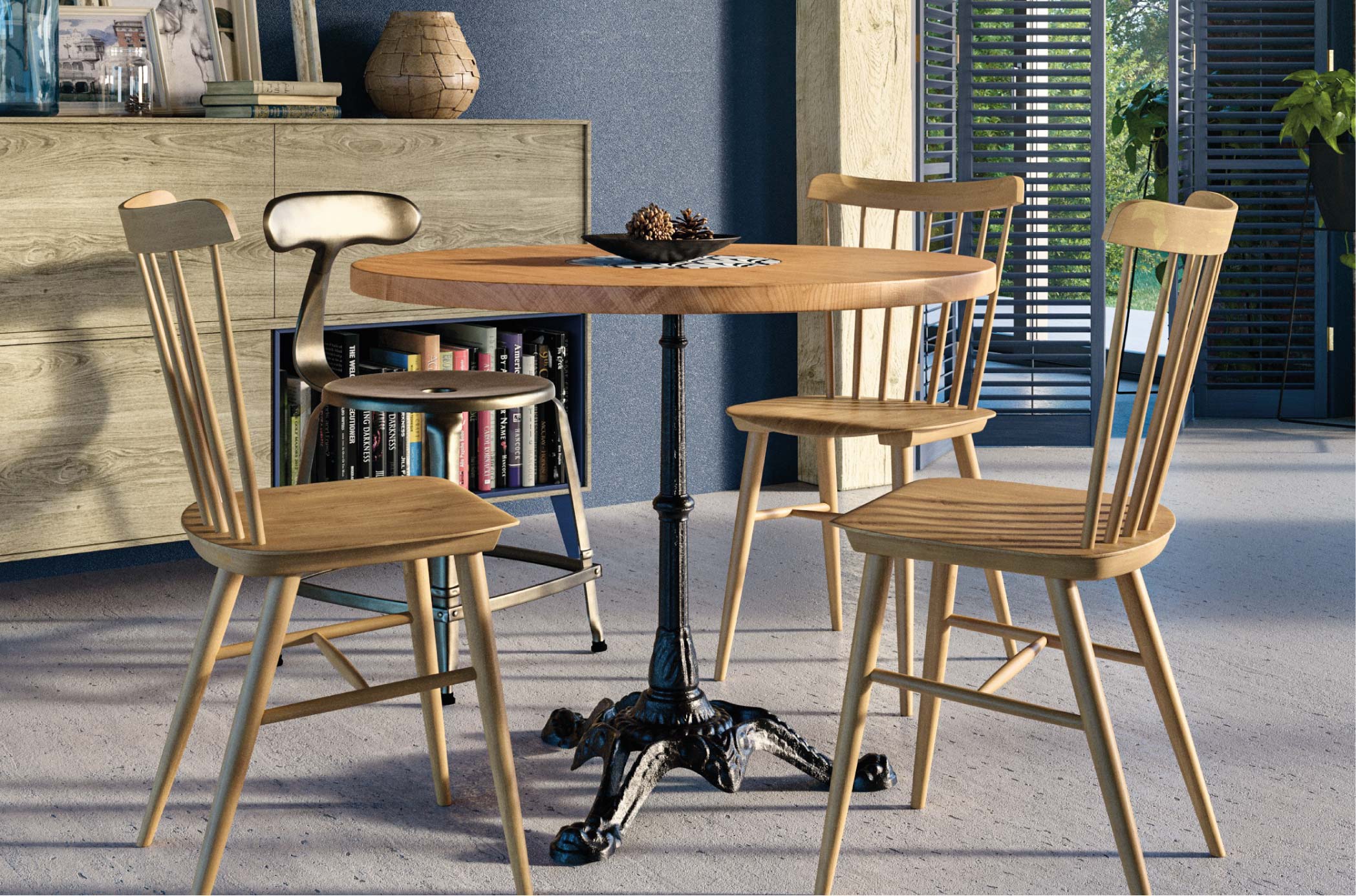 Ambiance salon avec table de bistrot en chêne ø 90 cm
