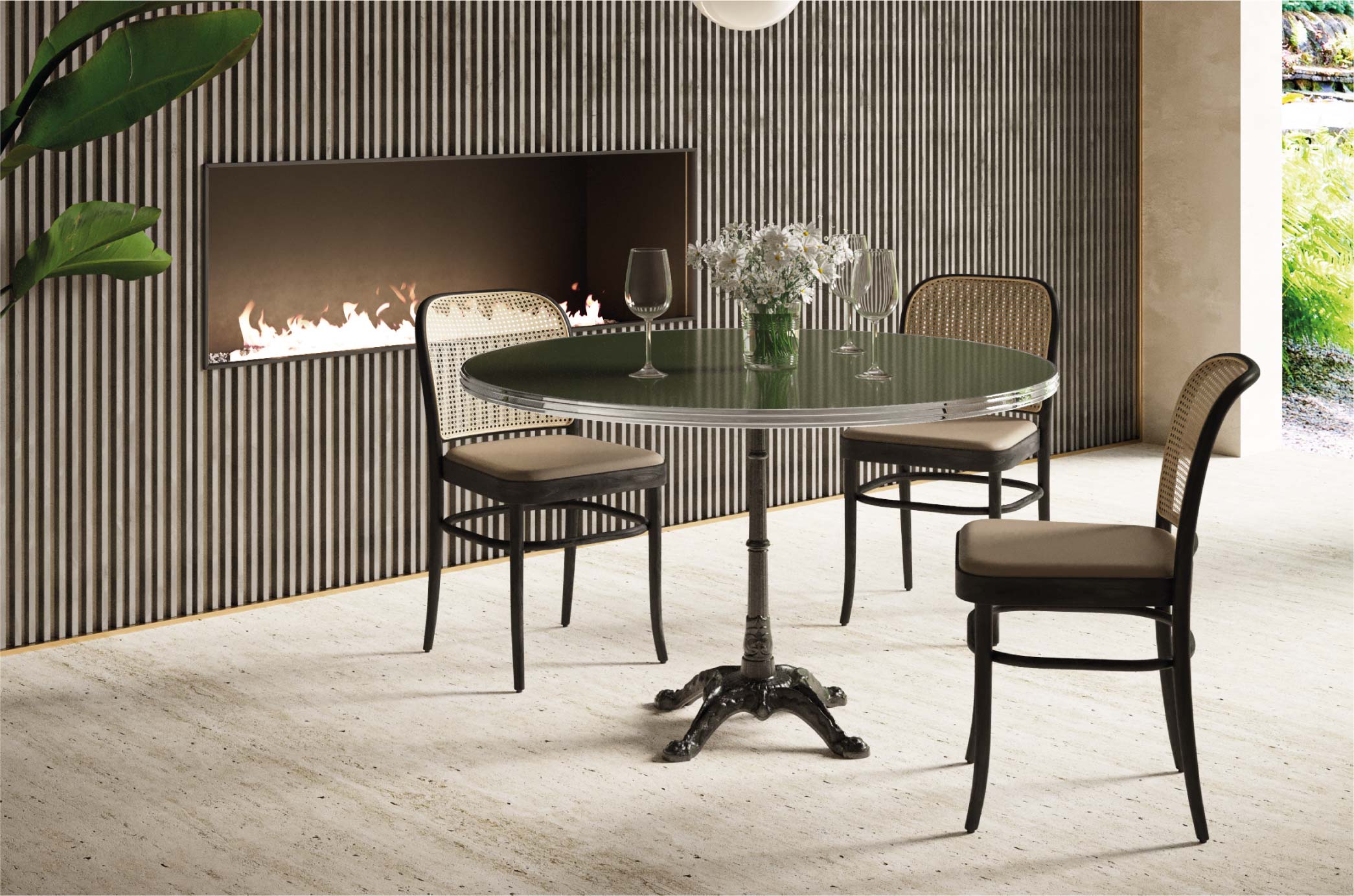 Ambiance salon avec table de bistrot en émail vert ø120 cm