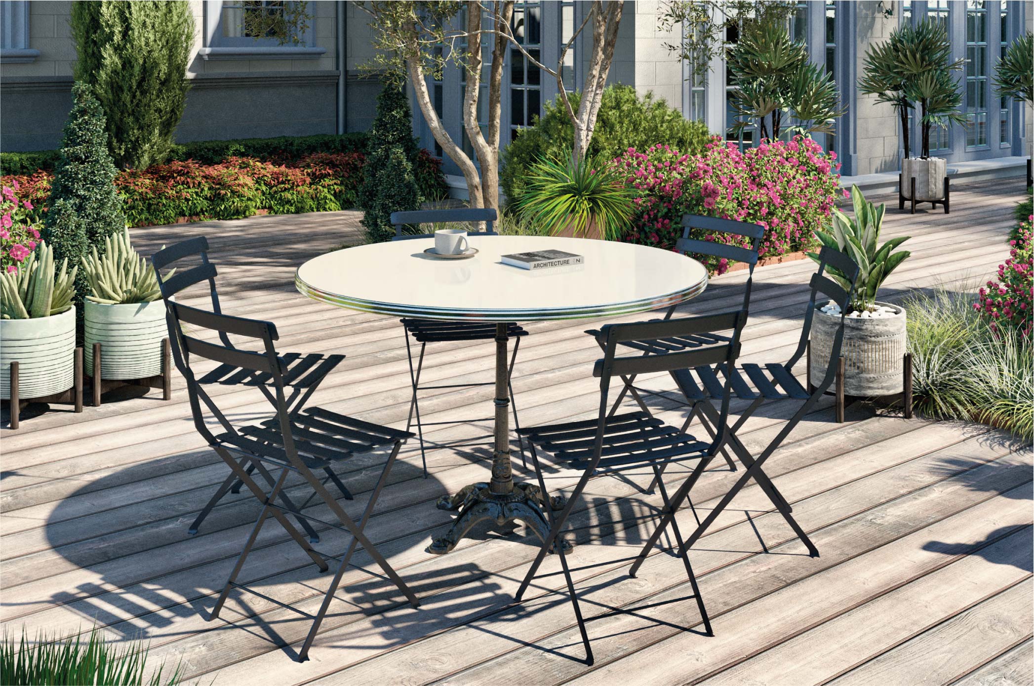 Ambiance salon avec table de bistrot en émail blanc ø120 cm