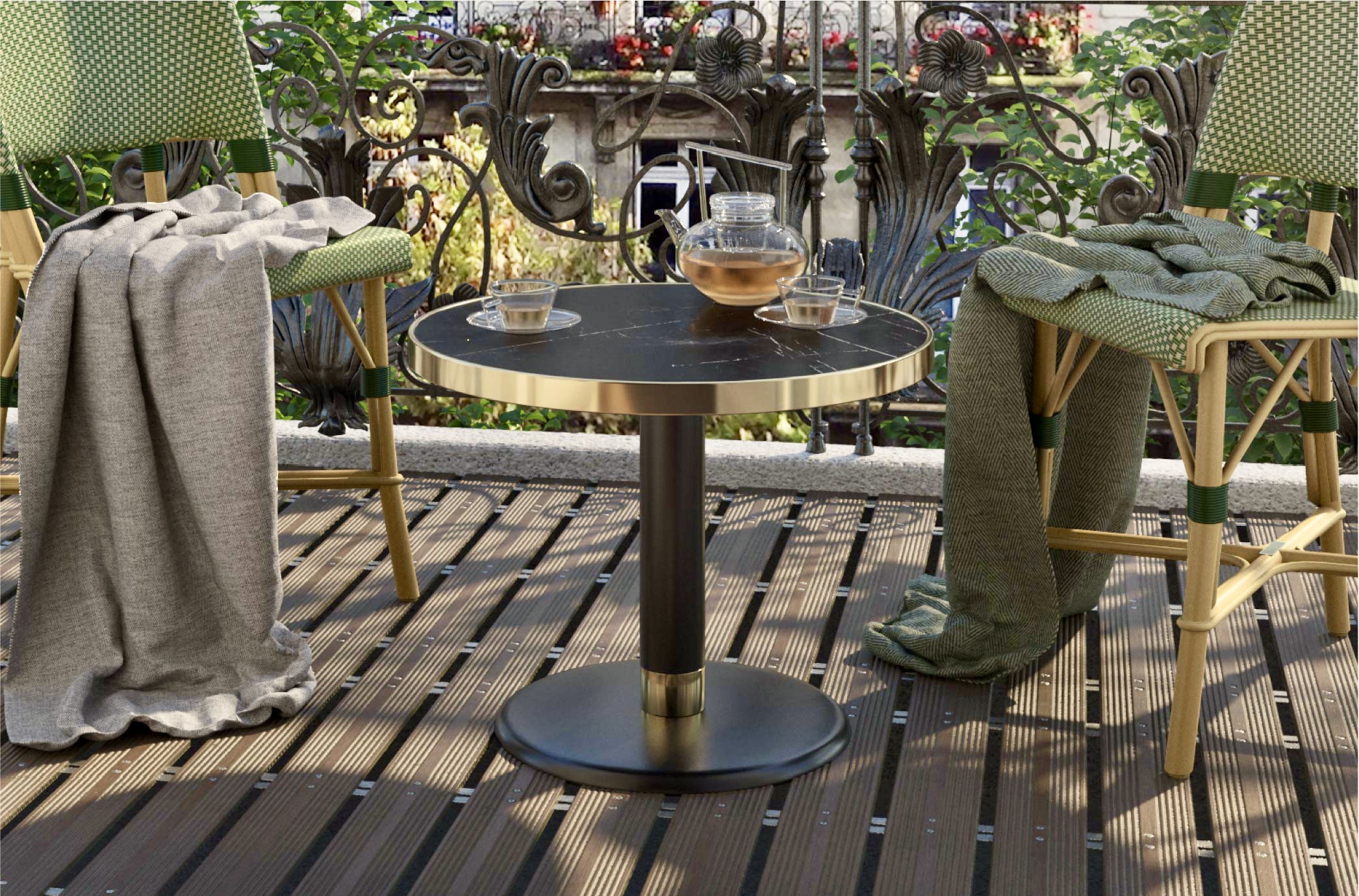 Ambiance terrasse table basse céramique noire ø70 cm